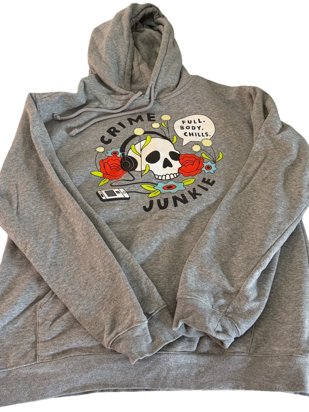 Crime Junkie Graphic Hoodie - Gray with Colorful Print